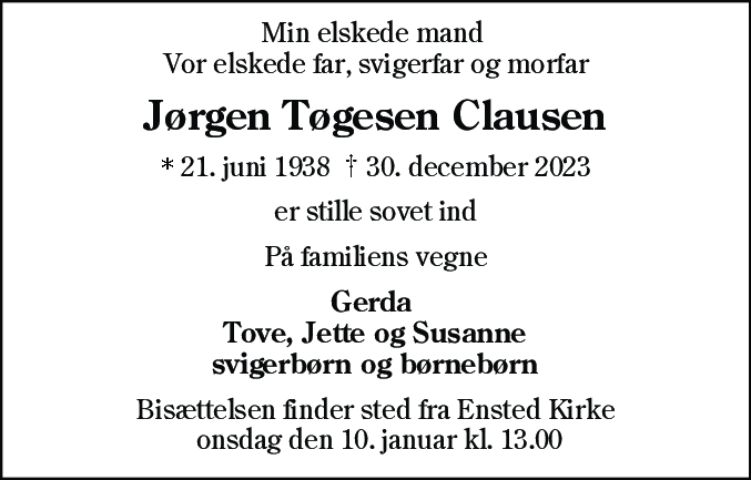 Dødsannonce for Jørgen Tøgesen Clausen
