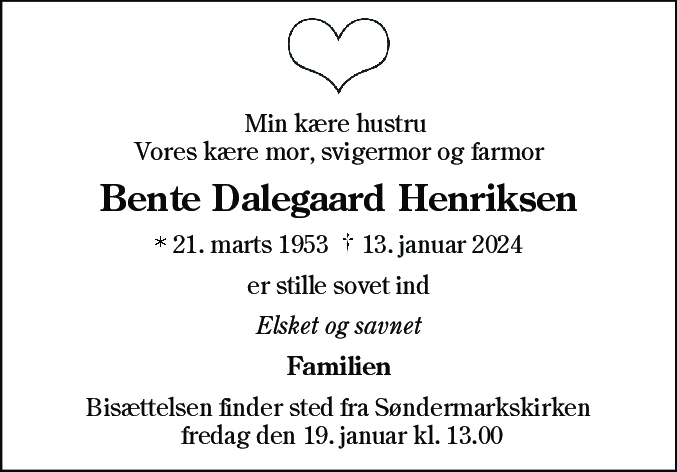 Dødsannonce for Bente Dalegaard Henriksen
