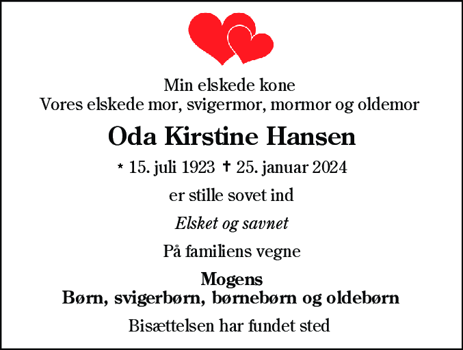 Dødsannonce for Oda Kristine Hansen