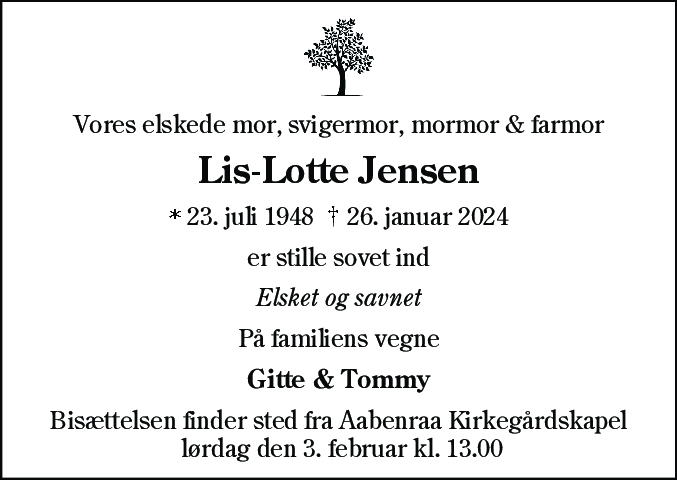 Dødsannonce for Lis-Lotte Jensen