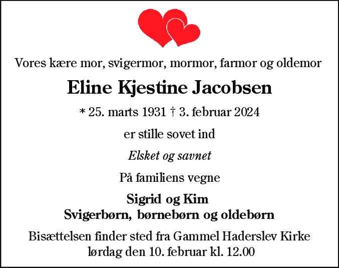 Dødsannonce for Eline Kjestine Jacobsen