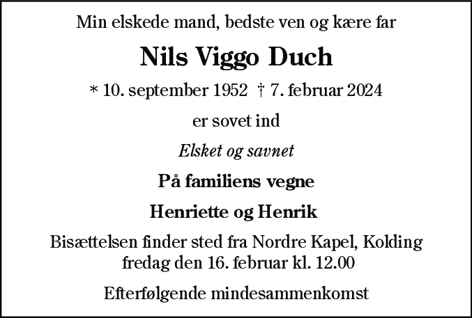 Dødsannonce for Nils Viggo Duch