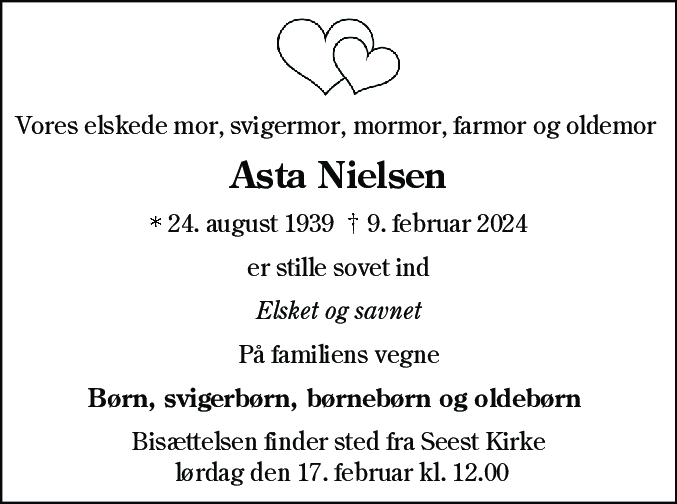 Dødsannonce for Asta Nielsen