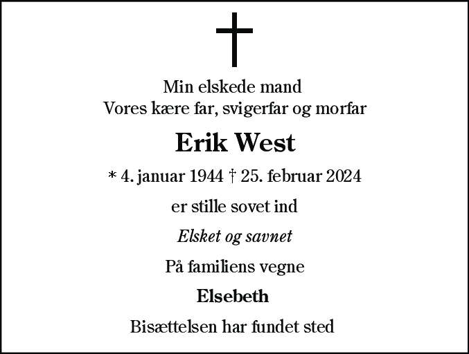 Dødsannonce for Erik West
