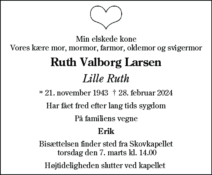 Dødsannonce for Ruth Valborg Larsen