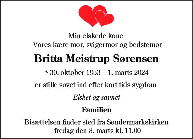 Dødsannonce for Britta Meistrup Sørensen