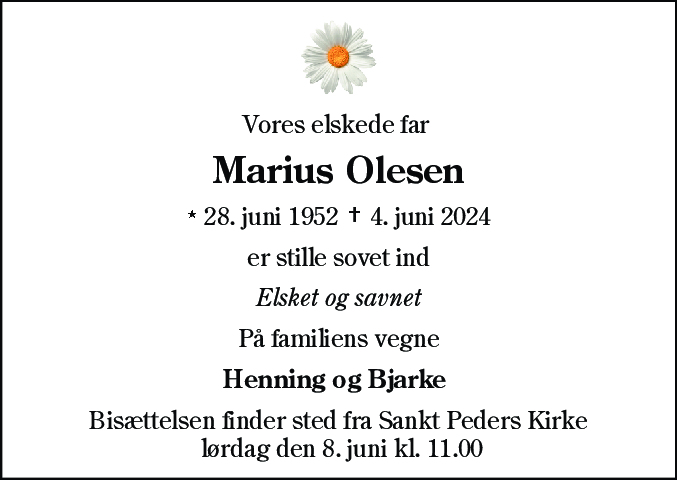 Dødsannonce for Marius Olesen