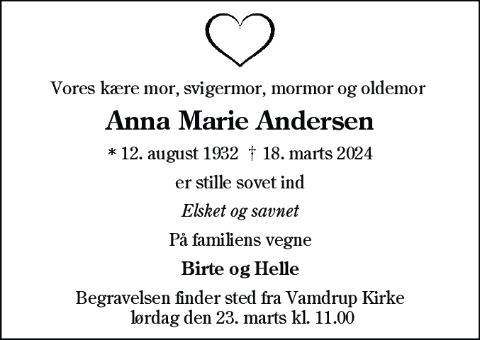 Dødsannonce for Anna Marie Andersen