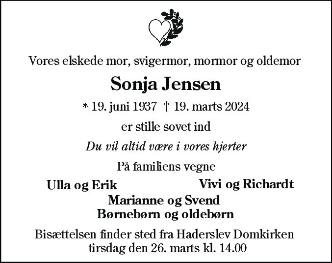 Dødsannonce for Sonja Jensen