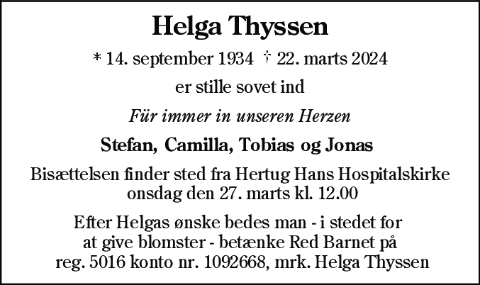 Dødsannonce for Helga Elisabeth Thyssen