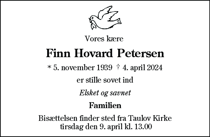 Dødsannonce for Finn Hovard Petersen
