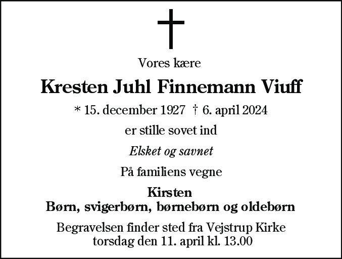 Dødsannonce for Kresten Juhl Finnemann Viuff
