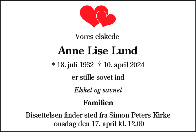 Dødsannonce for Anne Lise Lund