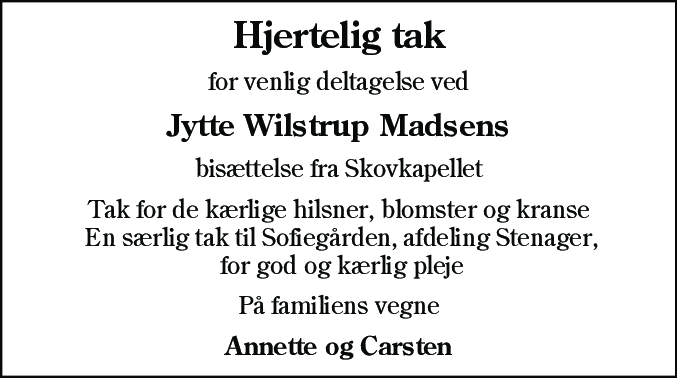 Dødsannonce for Jytte Wilstrup Madsen