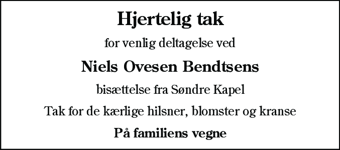Dødsannonce for Niels Ovesen Bendtsen