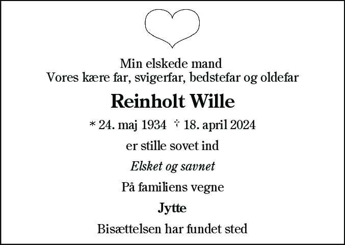 Dødsannonce for Reinholt Wille