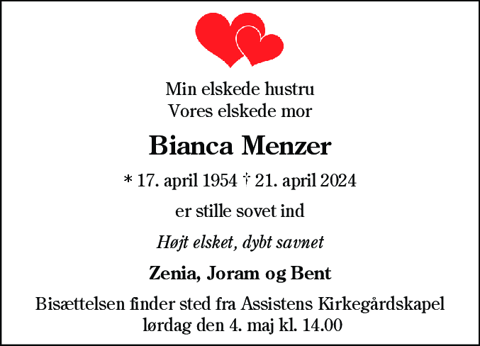 Dødsannonce for Bianca Menzer