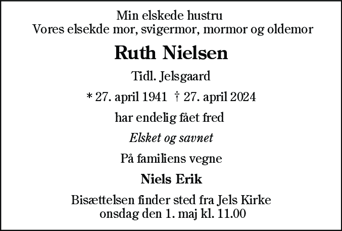 Dødsannonce for Ruth Nielsen