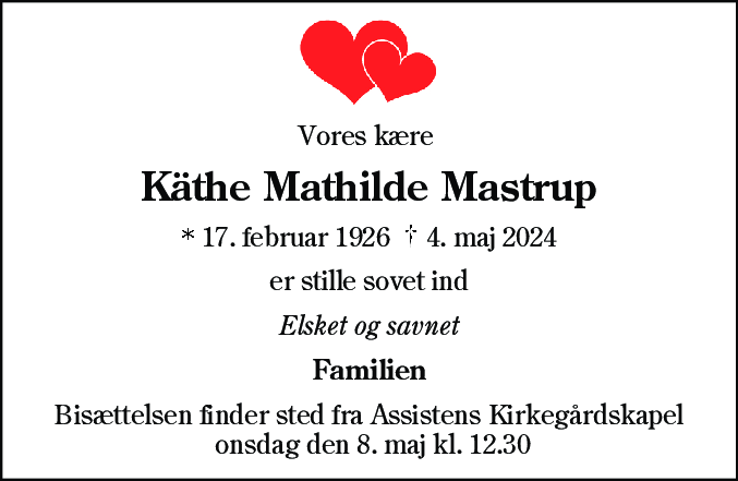Dødsannonce for Käthe Mathilde Mastrup