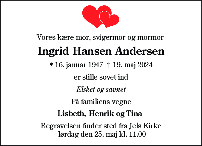 Dødsannonce for Ingrid Hansen Andersen