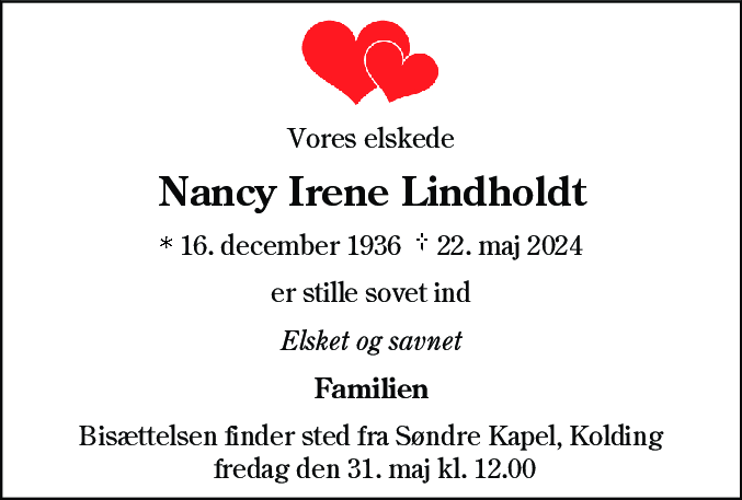 Dødsannonce for Nancy Irene Lindholdt