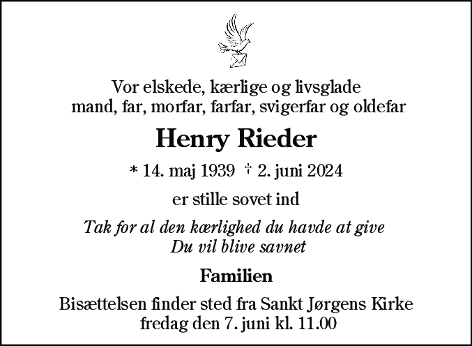 Dødsannonce for Henry Rieder
