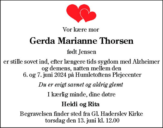 Dødsannonce for Gerda Marianne Thorsen