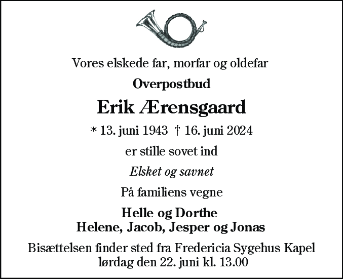 Dødsannonce for Erik Ærensgaard