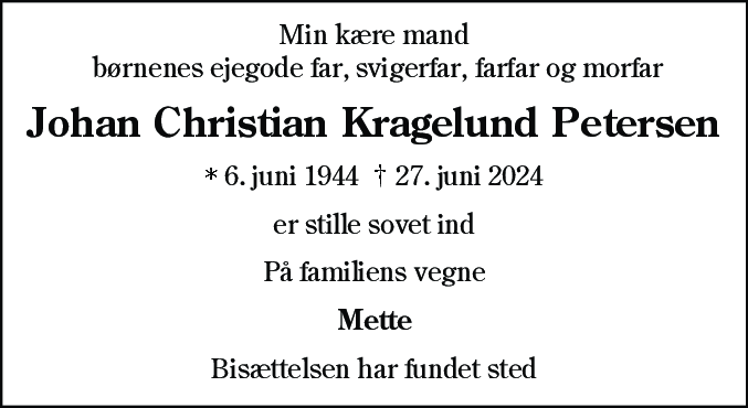 Dødsannonce for Johan Christian Kragelund Petersen