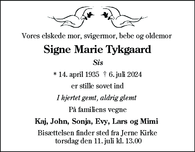 Dødsannonce for Signe Marie Tykgaard