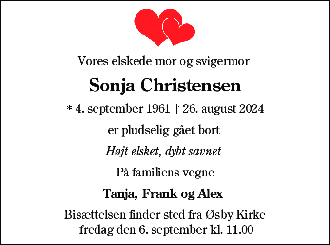 Dødsannonce for Sonja Christensen