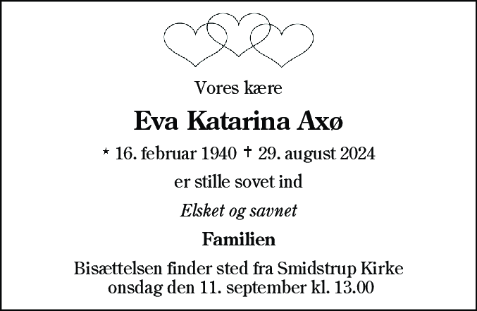 Dødsannonce for Eva Katarina Axø