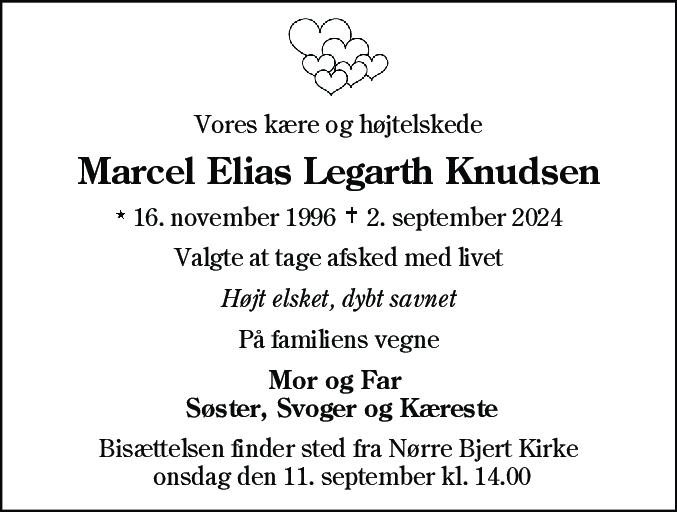 Dødsannonce for Marcel Elias Legarth Knudsen