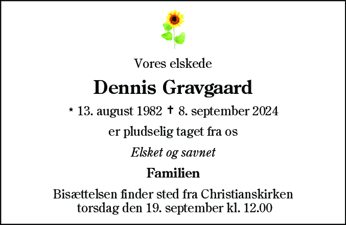 Dødsannonce for Dennis Gravgaard