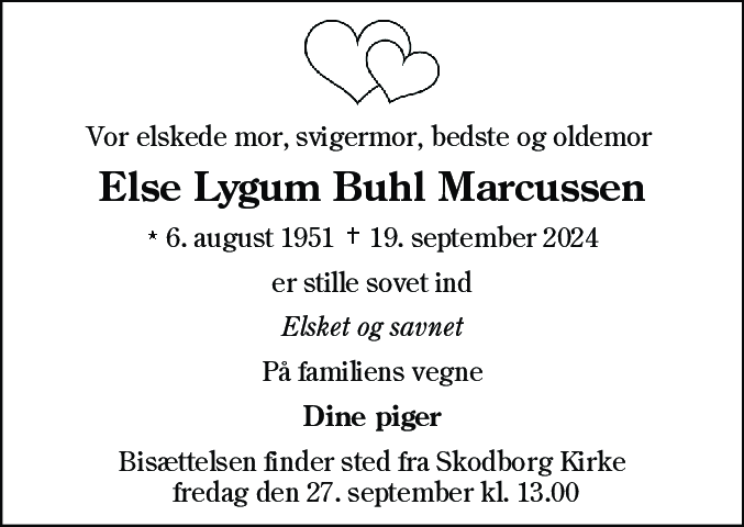 Dødsannonce for Else Lygum Marcussen