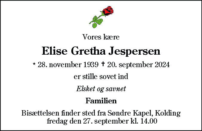 Dødsannonce for Elise Gretha Jespersen