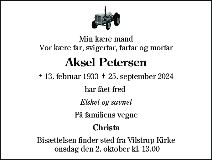 Dødsannonce for Aksel Petersen