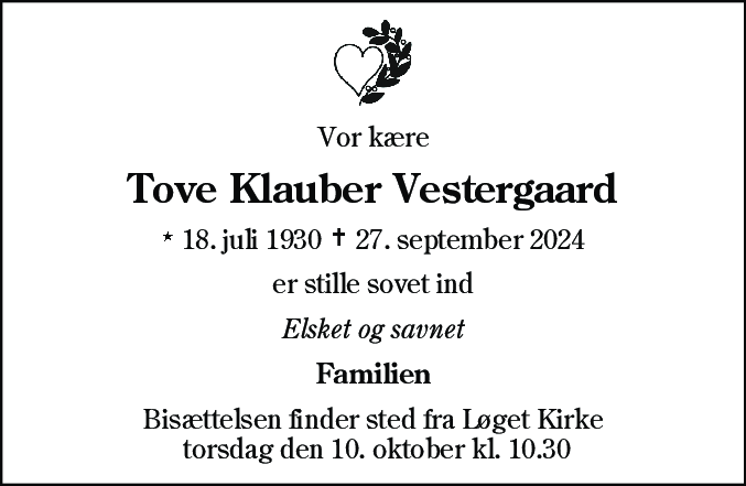 Dødsannonce for Tove Klauber Vestergaard