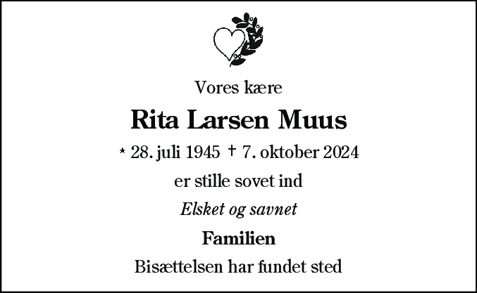 Dødsannonce for Rita Larsen Muus