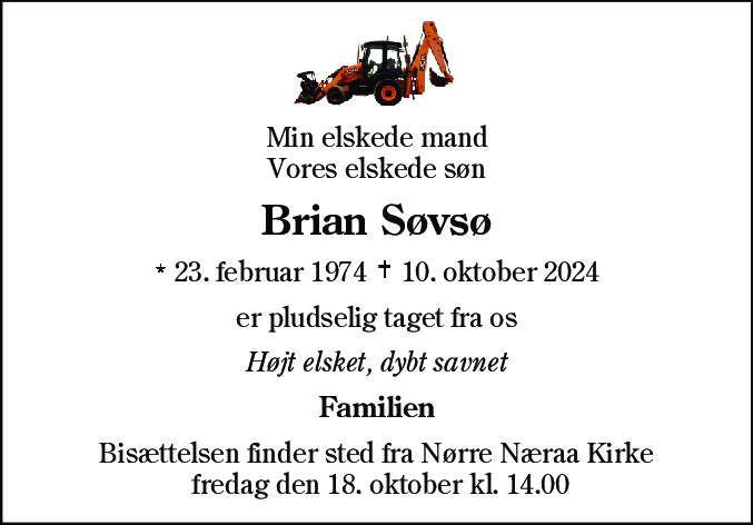 Dødsannonce for Brian Søvsø