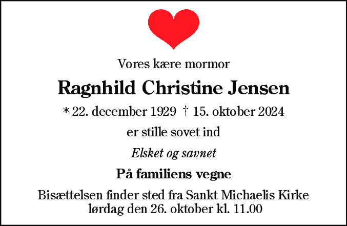 Dødsannonce for Ragnhild Christine Jensen
