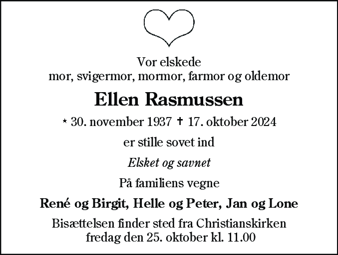 Dødsannonce for Ellen Rasmussen