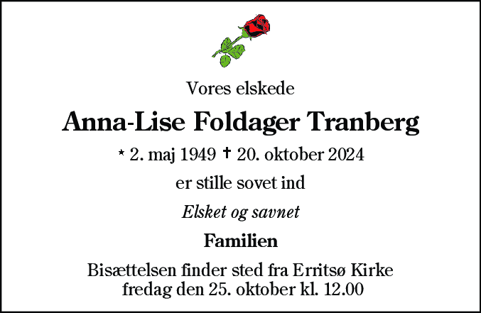 Dødsannonce for Anna Lise Foldager Tranberg