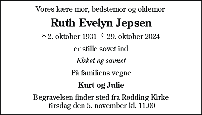 Dødsannonce for Ruth Evelyn Jepsen