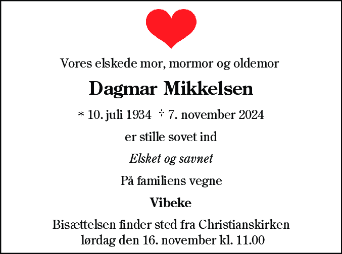 Dødsannonce for Dagmar Mikkelsen