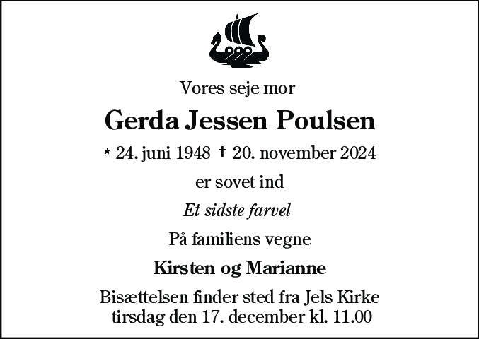 Dødsannonce for Gerda Jessen Poulsen