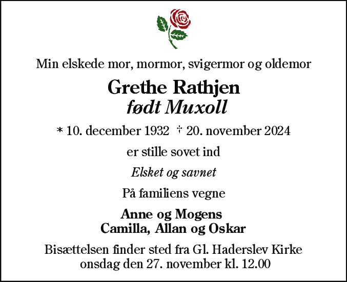 Dødsannonce for Grethe Rathjen