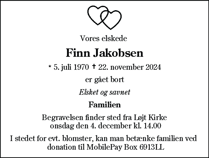 Dødsannonce for Finn Jakobsen