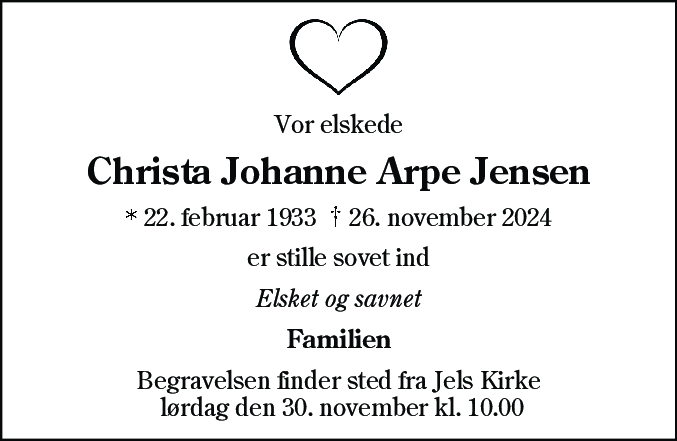 Dødsannonce for Christa Johanne Arpe Jensen