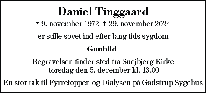 Dødsannonce for Daniel Tinggaard